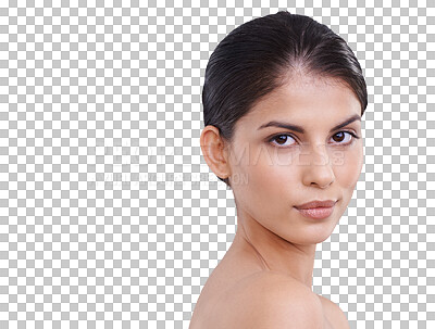 Buy stock photo Beauty, skin and face portrait of a woman with skincare, dermatology and natural makeup or cosmetics. Indian female aesthetic model isolated on a transparent, png background for facial glow and shine