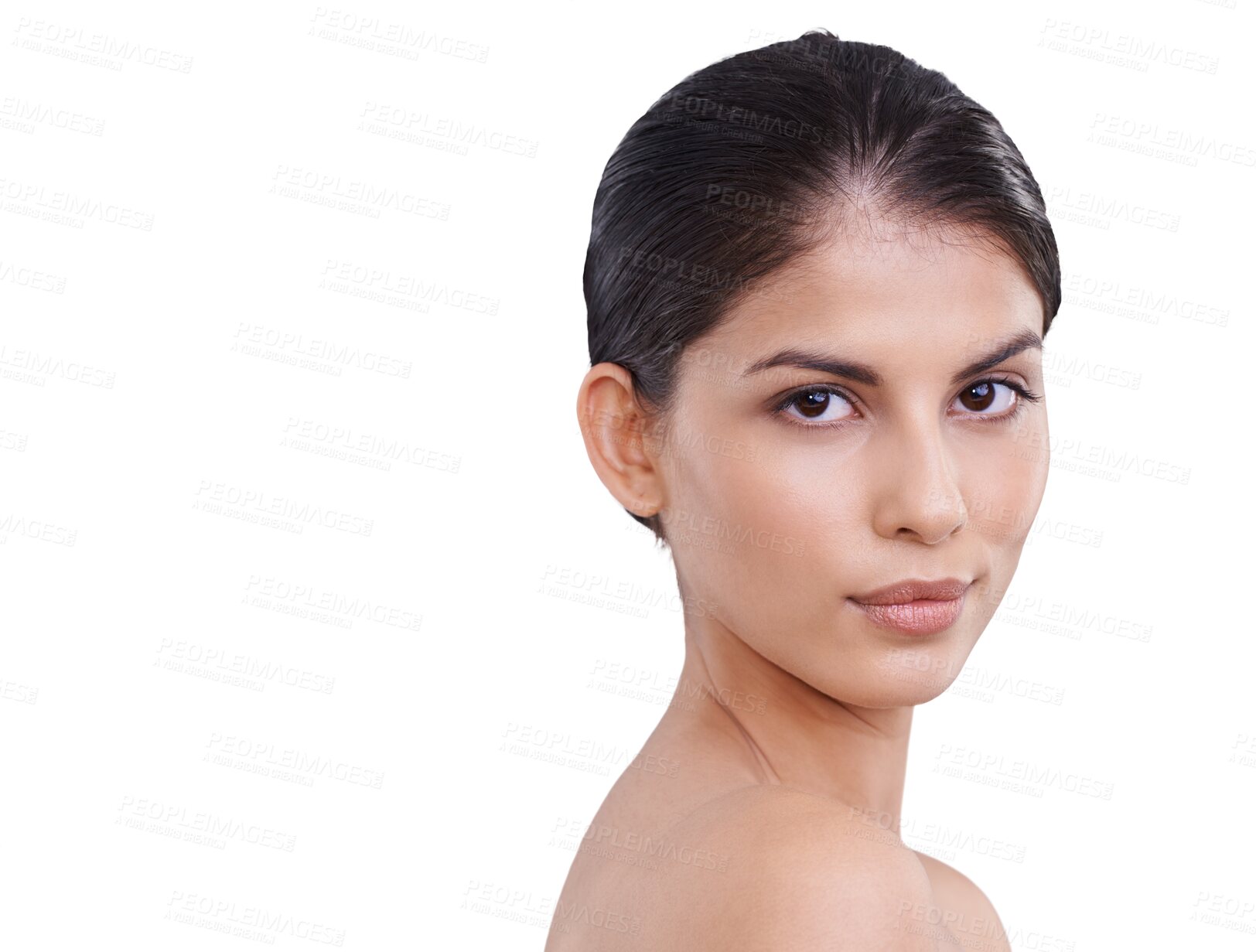 Buy stock photo Beauty, skin and face portrait of a woman with skincare, dermatology and natural makeup or cosmetics. Indian female aesthetic model isolated on a transparent, png background for facial glow and shine