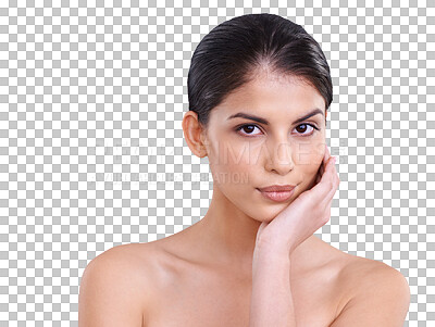 Buy stock photo Face, skin and beauty portrait of a woman with skincare, dermatology and natural makeup or cosmetics. Indian female aesthetic model isolated on a transparent, png background for facial glow and shine