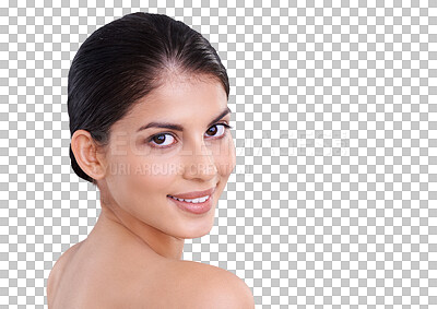 Buy stock photo Natural beauty, woman, and skin with glow in portrait in png or isolated with transparent background. Dermatology, face and body care with skincare and cosmetology with self love or wellness.