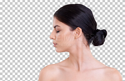 Buy stock photo Beauty profile, skin and face of a woman with skincare, dermatology and natural makeup or cosmetics. Indian female aesthetic model isolated on a transparent, png background for facial glow and shine