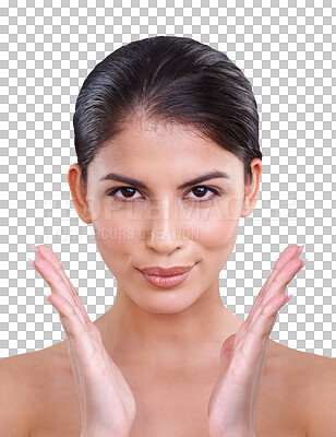 Buy stock photo Beauty, hands and face portrait of a woman with skin care, dermatology and natural makeup or cosmetics. Indian female aesthetic model isolated on transparent, png background for facial glow and shine