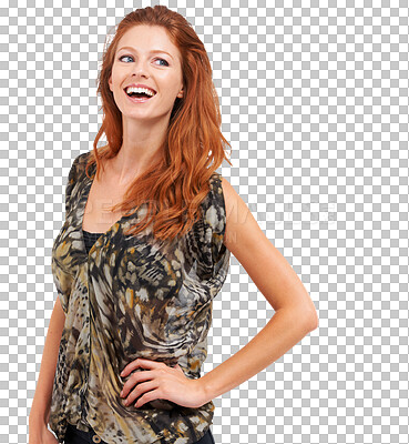 Buy stock photo Fashion, happy and beauty with woman on transparent background for trendy, ginger and glamour. Smile, style and happiness with person with red hair isolated on png for confidence, fancy and pride