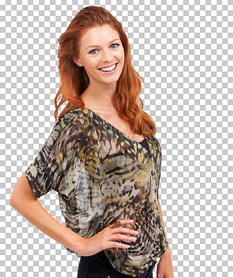 Buy stock photo Beauty, fashion and portrait of a young woman with a casual, beautiful and trendy outfit. Happy, smile and red hair female model with fancy style from Canada isolated by a transparent png background.