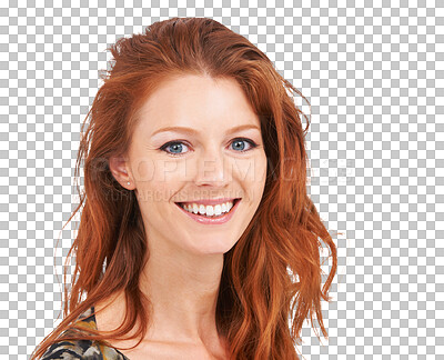 Buy stock photo Smile, red head and face of happy woman with beauty, natural makeup and cosmetics. Portrait of female model person from Ireland with skin glow and hair shine isolated on transparent, png background