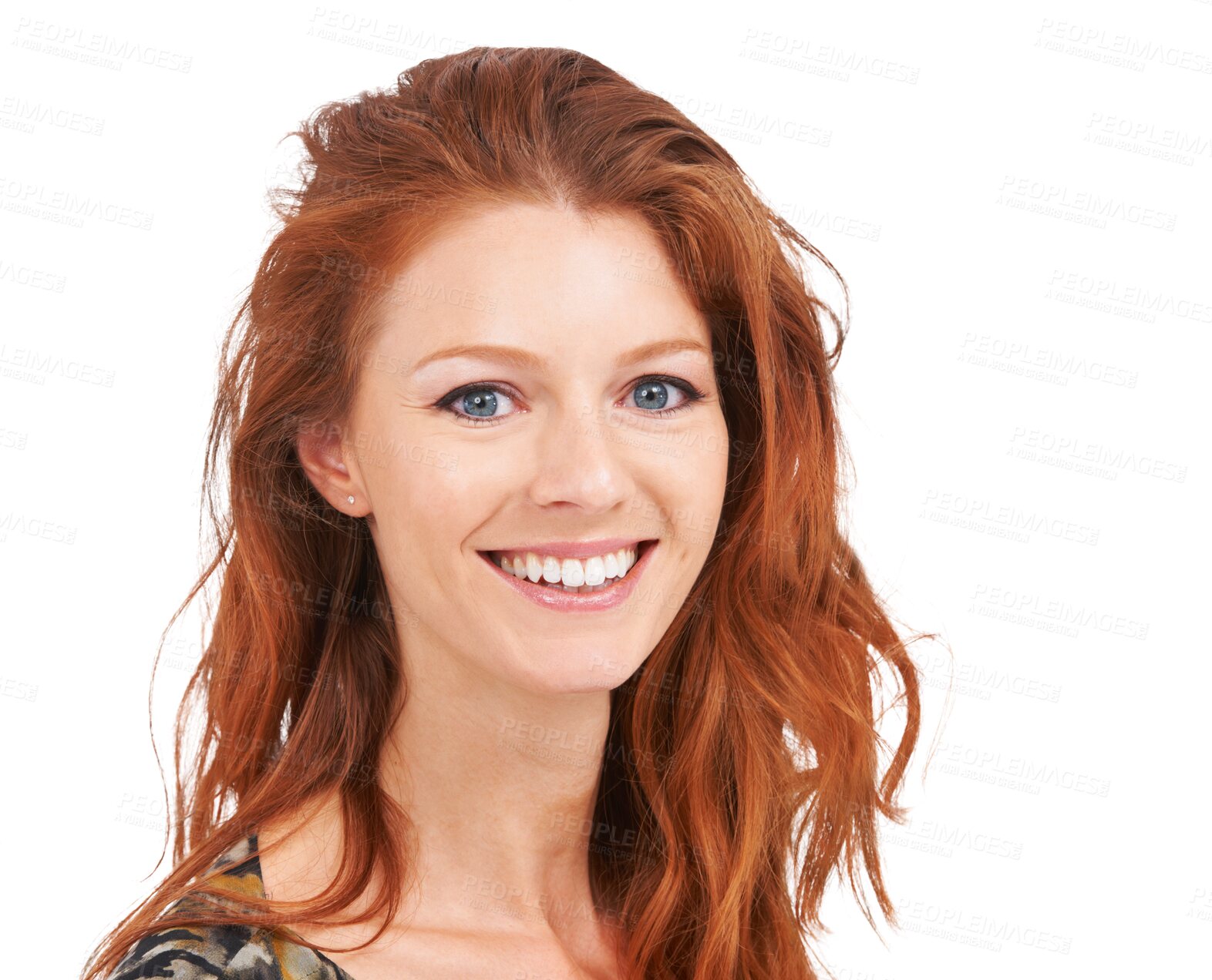 Buy stock photo Smile, red head and face of happy woman with beauty, natural makeup and cosmetics. Portrait of female model person from Ireland with skin glow and hair shine isolated on transparent, png background