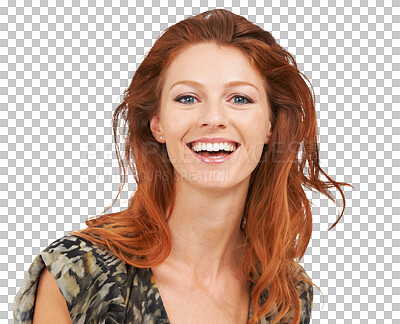 Buy stock photo Laughing, portrait and red head woman with beauty, natural makeup and cosmetics. Face of happy female model person from Ireland with skin glow and hair shine isolated on transparent, png background