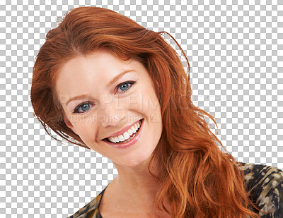 Buy stock photo Red head, face and smile of a woman with beauty, natural makeup and cosmetics. Portrait of happy female model person from Ireland with skin glow and hair shine isolated on transparent, png background