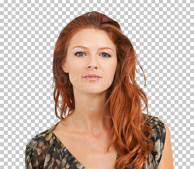 Buy stock photo Beauty, face and red head woman with natural makeup, fashion and cosmetics. Portrait of ginger female model person from Ireland with skin glow and hair shine isolated on transparent, png background