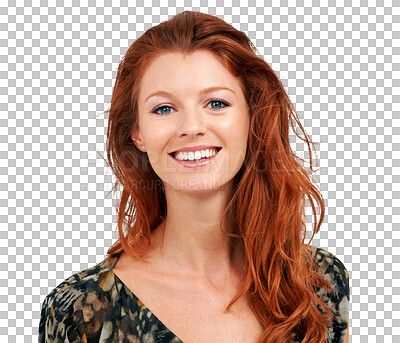 Buy stock photo Face, smile and red head woman with beauty, natural makeup and cosmetics. Portrait of happy female model person from Ireland with skin glow and hair shine isolated on transparent, png background