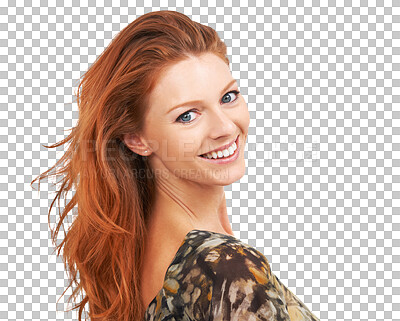 Buy stock photo Smile, portrait and red head woman with beauty, natural makeup and cosmetics. Happy female model person from Ireland with skin glow and healthy hair shine isolated on transparent, png background