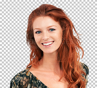 Buy stock photo Smile, portrait and red head woman with beauty, natural makeup and cosmetics. Face of happy female model person from Ireland with skin glow and hair shine isolated on transparent, png background