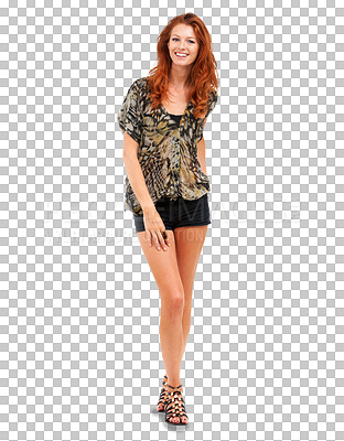 Buy stock photo Red hair, happy woman and portrait of fashion model with style and confidence isolated on transparent png background. Trendy, cool and beautiful, young and ginger person from the UK in fancy clothes