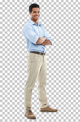 Buy stock photo Portrait, accountant and business man with arms crossed isolated on a transparent png background. Confidence, professional auditor and happy entrepreneur from Brazil with pride for corporate career.