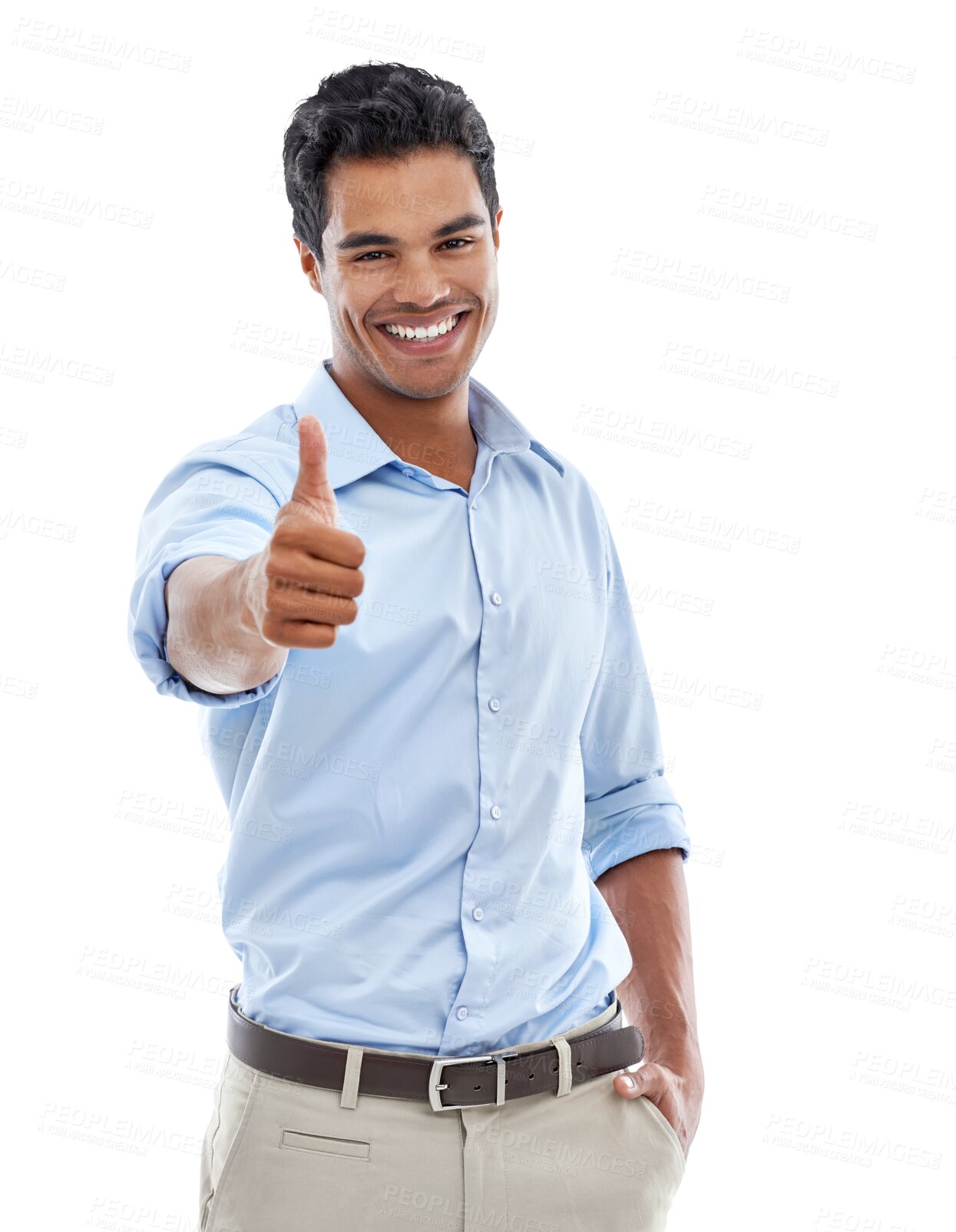 Buy stock photo Portrait, thumbs up and man with hand in pocket isolated on a transparent png background. Happy, like hand gesture and business person with emoji for agreement, success and support, yes and thank you