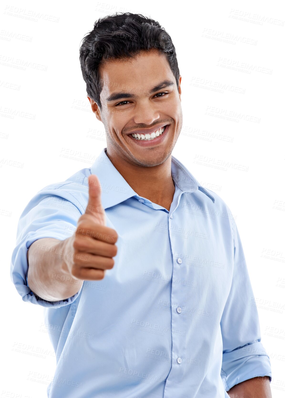 Buy stock photo Portrait, thumbs up and smile of business man isolated on a transparent png background. Face, like hand gesture and professional person with emoji for agreement, success and support, yes or thank you