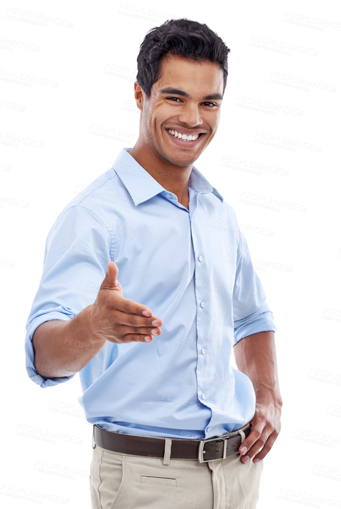 Buy stock photo Portrait, handshake and business man with opportunity isolated on a transparent png background. Smile, professional and shaking hands for introduction, welcome and thank you for corporate partnership