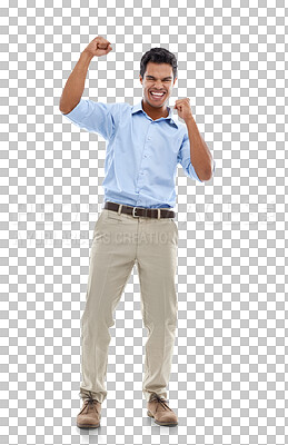 Buy stock photo Winner, success and portrait of business man in yes, celebration and cheers of bonus, news or goals. Winning, wow or excited person or worker with fist or power isolated on transparent png background