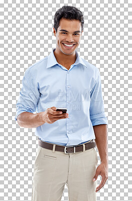 Buy stock photo Portrait, phone and communication with a business man isolated on a transparent background for networking. Smile, mobile and social media with a happy young male employee typing a text message on PNG