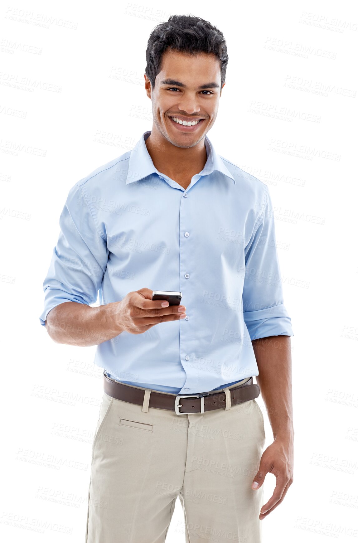 Buy stock photo Portrait, phone and communication with a business man isolated on a transparent background for networking. Smile, mobile and social media with a happy young male employee typing a text message on PNG