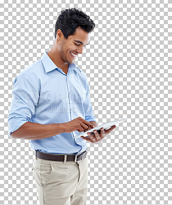 Buy stock photo Business, smile and man with a tablet, typing and consultant isolated against a transparent background. Male person, happy employee and entrepreneur with technology, contact and connection with png