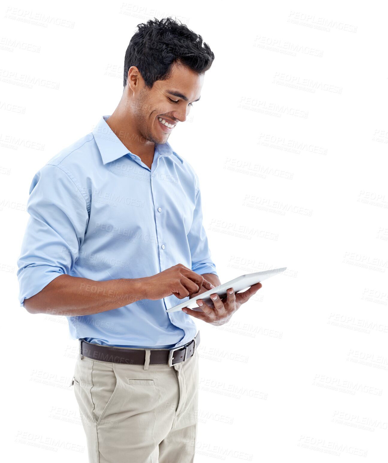 Buy stock photo Business, smile and man with a tablet, typing and consultant isolated against a transparent background. Male person, happy employee and entrepreneur with technology, contact and connection with png