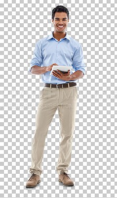 Buy stock photo Business man, tablet in portrait and smile with tech isolated on transparent png background. Research online, information technology and software upgrade, network and male worker with touchscreen