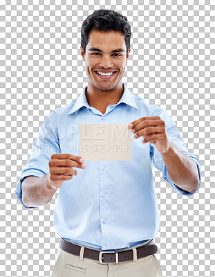 Buy stock photo Business card, mockup and man in portrait isolated on transparent png background for badge space or advertising. Introduction, information and note or indian person with paper for job contact