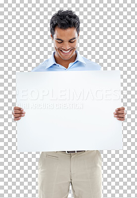 Buy stock photo Poster, smile and business man with mockup isolated on a transparent png background. Billboard, copy space and person with banner for marketing, advertising sign or branding for commercial promotion.