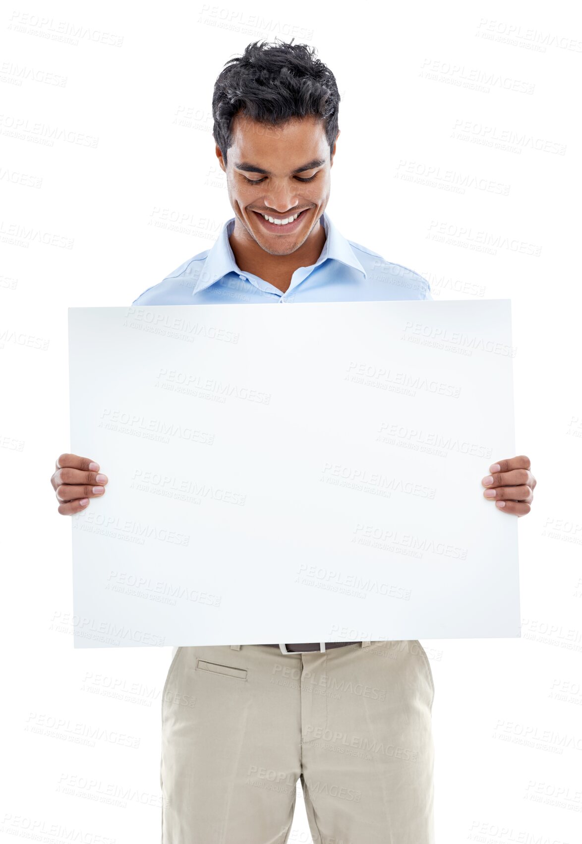 Buy stock photo Poster, smile and business man with mockup isolated on a transparent png background. Billboard, copy space and person with banner for marketing, advertising sign or branding for commercial promotion.