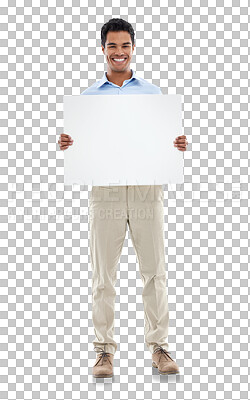 Buy stock photo Poster, advertising and portrait of man with billboard on isolated, PNG and transparent background. Marketing, branding and happy male person holding banner for announcement, information and news