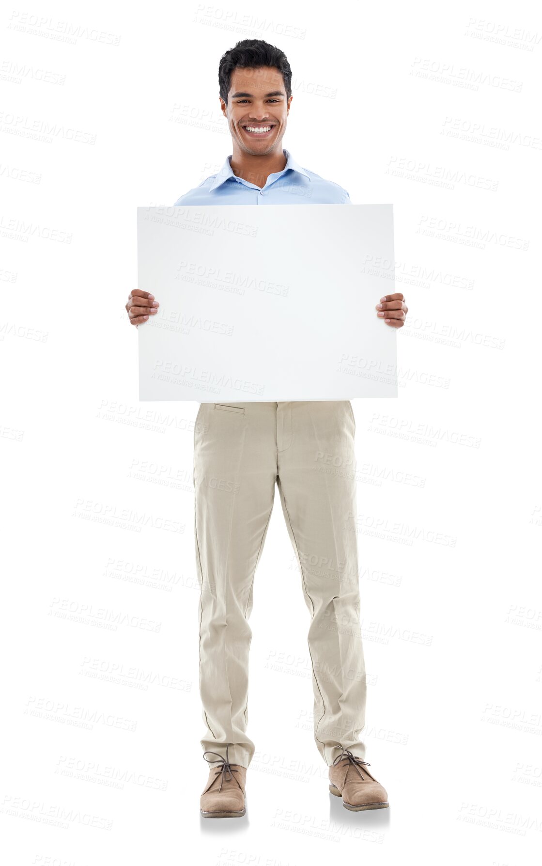 Buy stock photo Poster, advertising and portrait of man with billboard on isolated, PNG and transparent background. Marketing, branding and happy male person holding banner for announcement, information and news