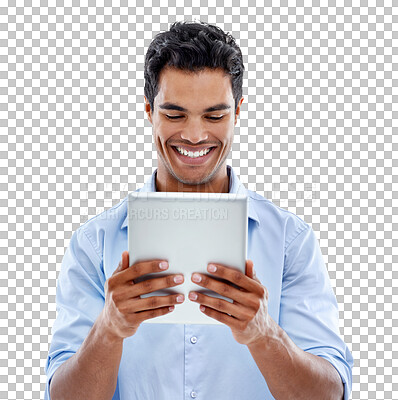 Buy stock photo Professional man, smile and reading tablet isolated on transparent png background for news, search or review. Business, happy and indian person with website information on digital tech or application