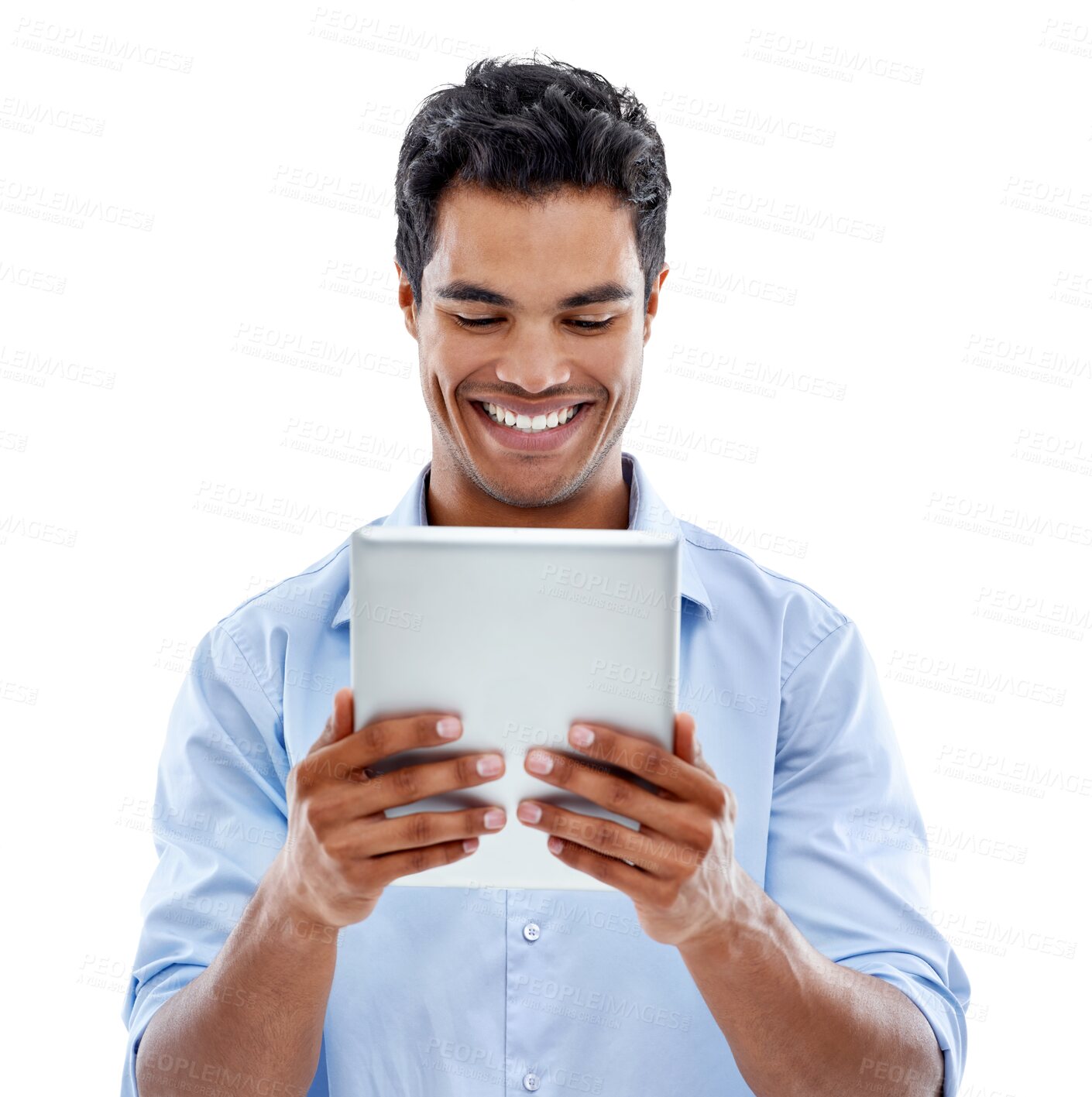 Buy stock photo Professional man, smile and reading tablet isolated on transparent png background for news, search or review. Business, happy and indian person with website information on digital tech or application