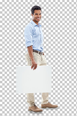 Buy stock photo Poster, advertising and portrait of business man with banner on isolated, PNG and transparent background. Worker, branding and happy male person with billboard for announcement, information and news