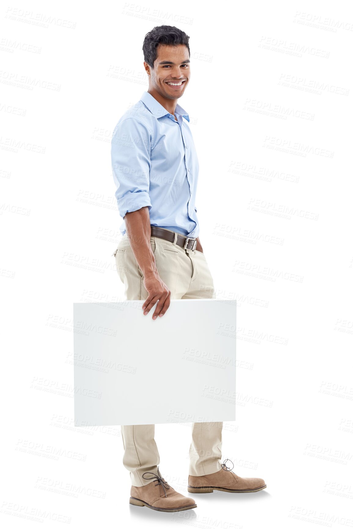 Buy stock photo Poster, advertising and portrait of business man with banner on isolated, PNG and transparent background. Worker, branding and happy male person with billboard for announcement, information and news