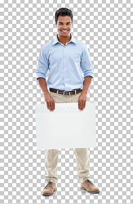 Buy stock photo Poster, happy and portrait of man with billboard on isolated, PNG and transparent background. Advertising, business branding and male person holding banner for announcement, information and news