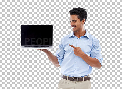 Buy stock photo Isolated businessman, blank laptop and point with smile, mockup space and transparent png background. Indian business man, computer and show screen with mock up, tech and promotion with web design