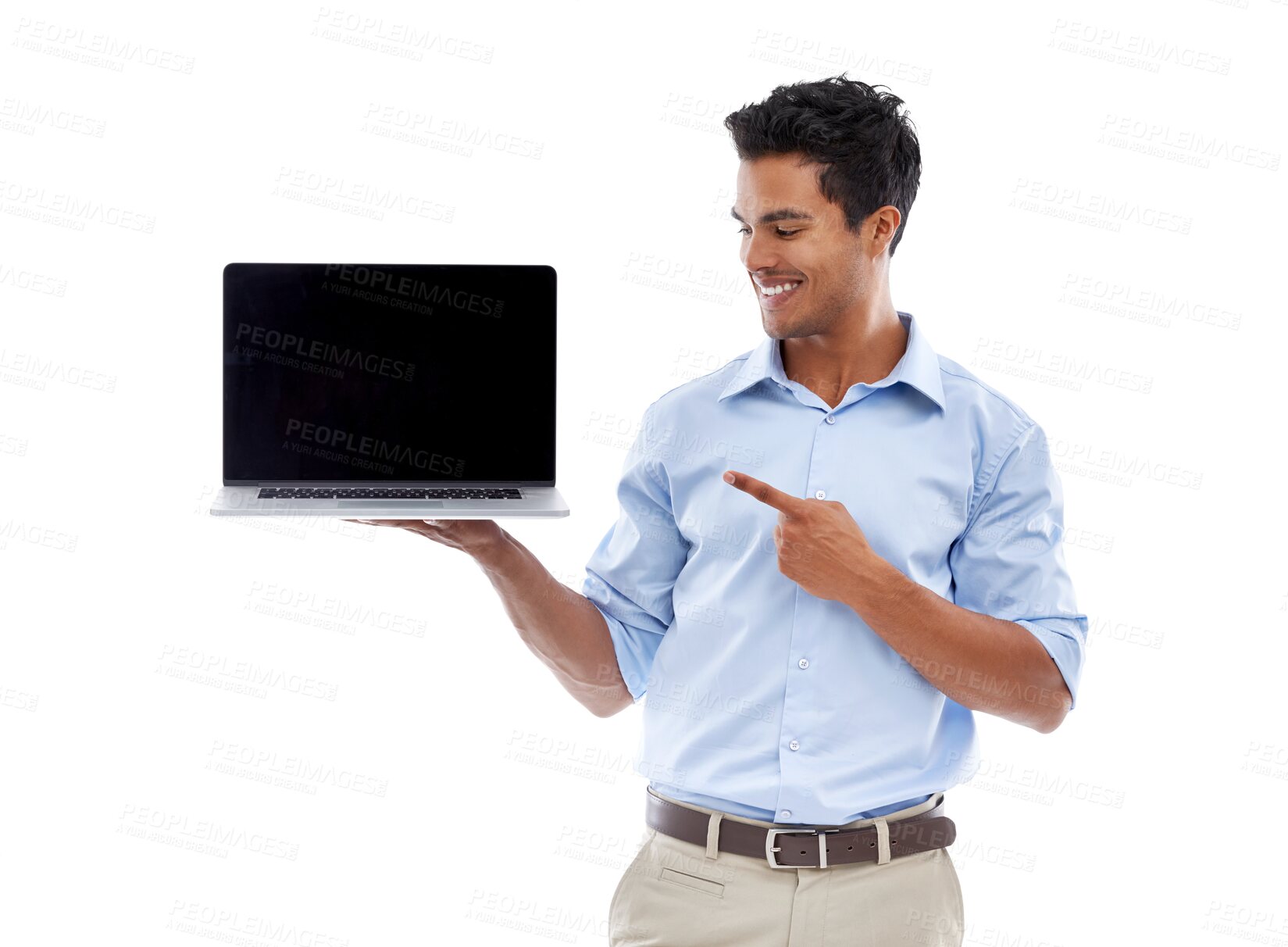 Buy stock photo Isolated businessman, blank laptop and point with smile, mockup space and transparent png background. Indian business man, computer and show screen with mock up, tech and promotion with web design