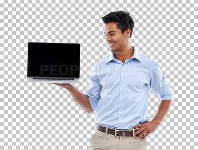 Buy stock photo Isolated businessman, blank laptop screen and smile with mockup space by transparent png background. Indian business man, computer and show screen with mock up, tech and promotion with web design job