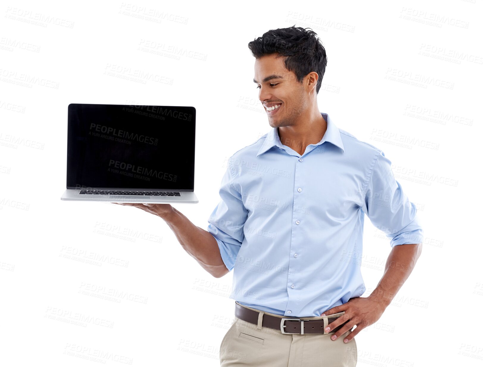 Buy stock photo Isolated businessman, blank laptop screen and smile with mockup space by transparent png background. Indian business man, computer and show screen with mock up, tech and promotion with web design job