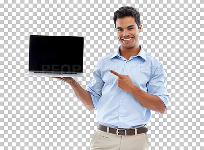 Buy stock photo Isolated businessman, laptop screen and point in portrait, smile or mockup space by transparent png background. Indian business man, show computer and mock up with tech, promotion and web design job