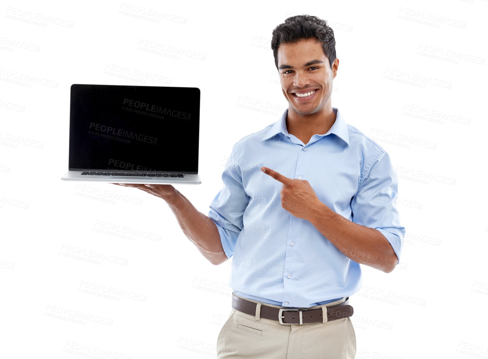 Buy stock photo Isolated businessman, laptop screen and point in portrait, smile or mockup space by transparent png background. Indian business man, show computer and mock up with tech, promotion and web design job