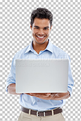 Buy stock photo Portrait, laptop or happy man on internet isolated on transparent png background for email. Smile, face or trader trading or typing online for digital website technology research on social media post