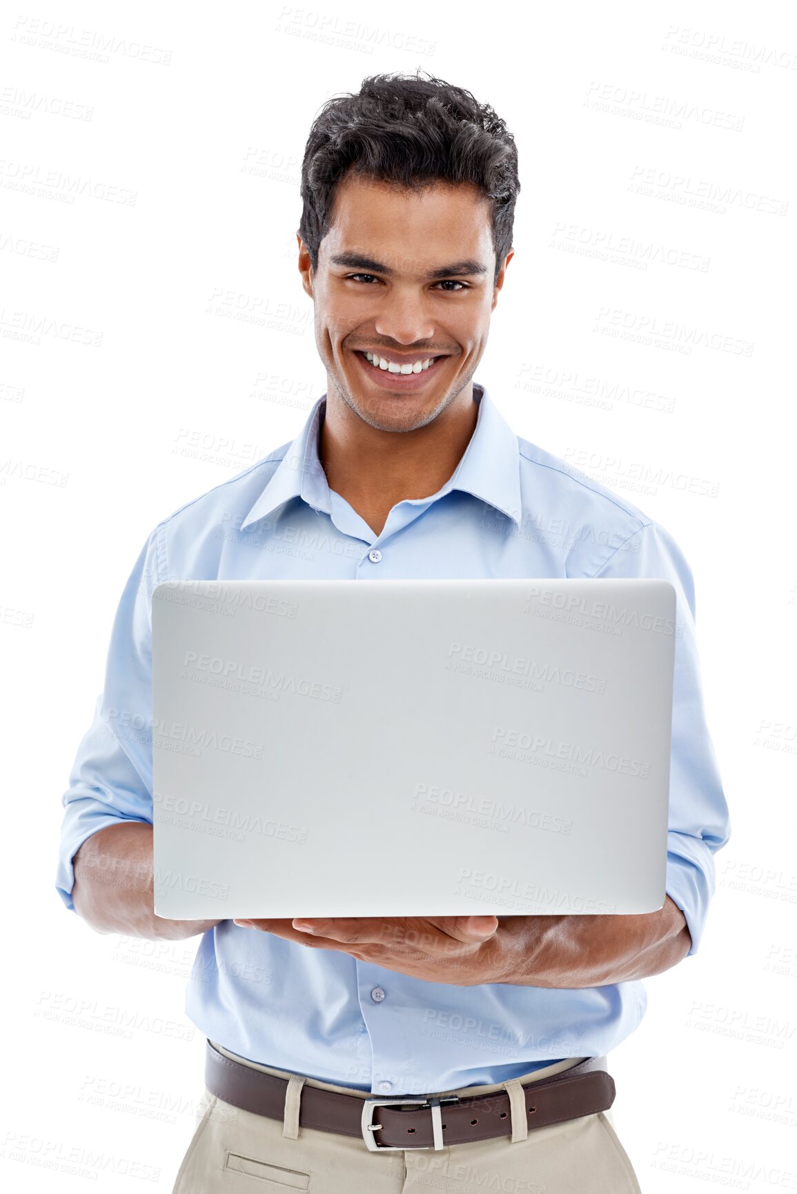 Buy stock photo Portrait, laptop or happy man on internet isolated on transparent png background for email. Smile, face or trader trading or typing online for digital website technology research on social media post