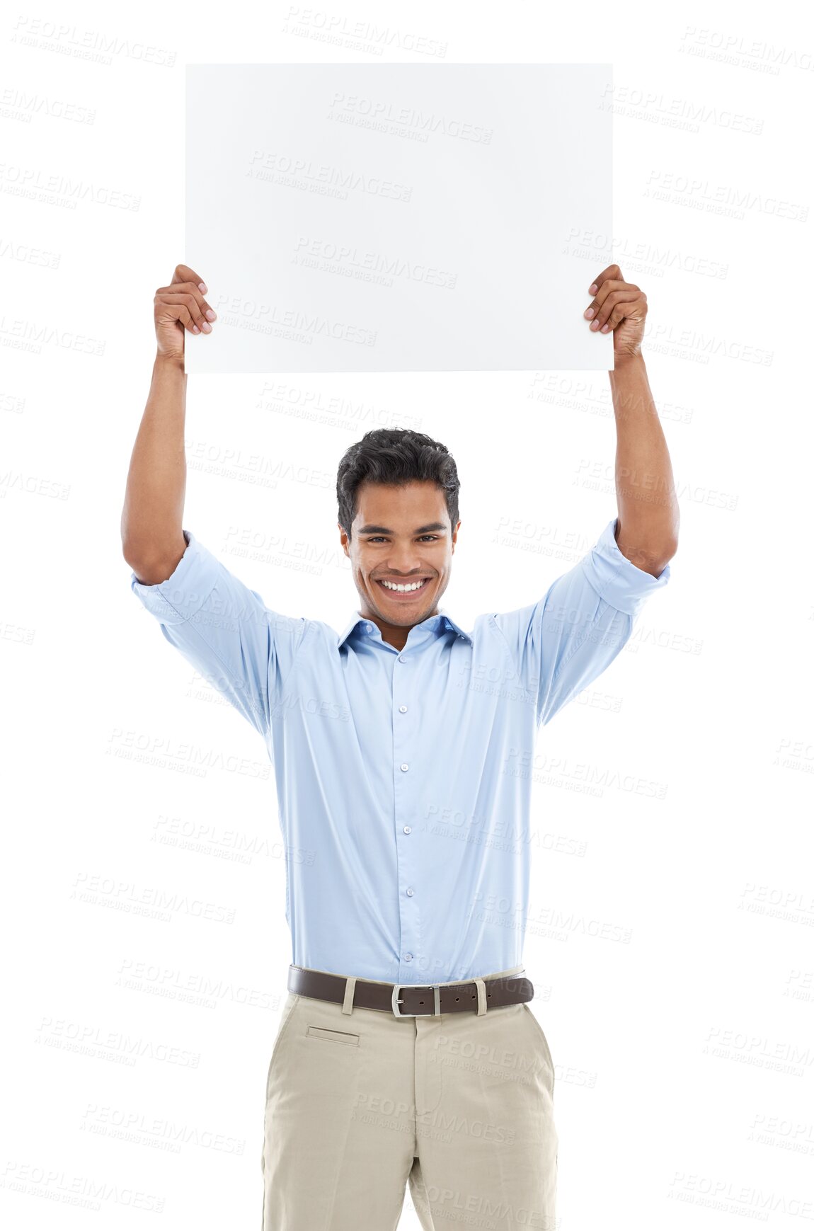 Buy stock photo Advertising, happy and portrait of man with poster on isolated, PNG and transparent background. Marketing, branding and excited male person holding banner for announcement, information and news