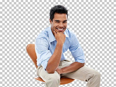 Buy stock photo Business man, smile in portrait and relax on chair, success and job satisfaction isolated on transparent png background. Professional male person, happiness in career and confident with pride