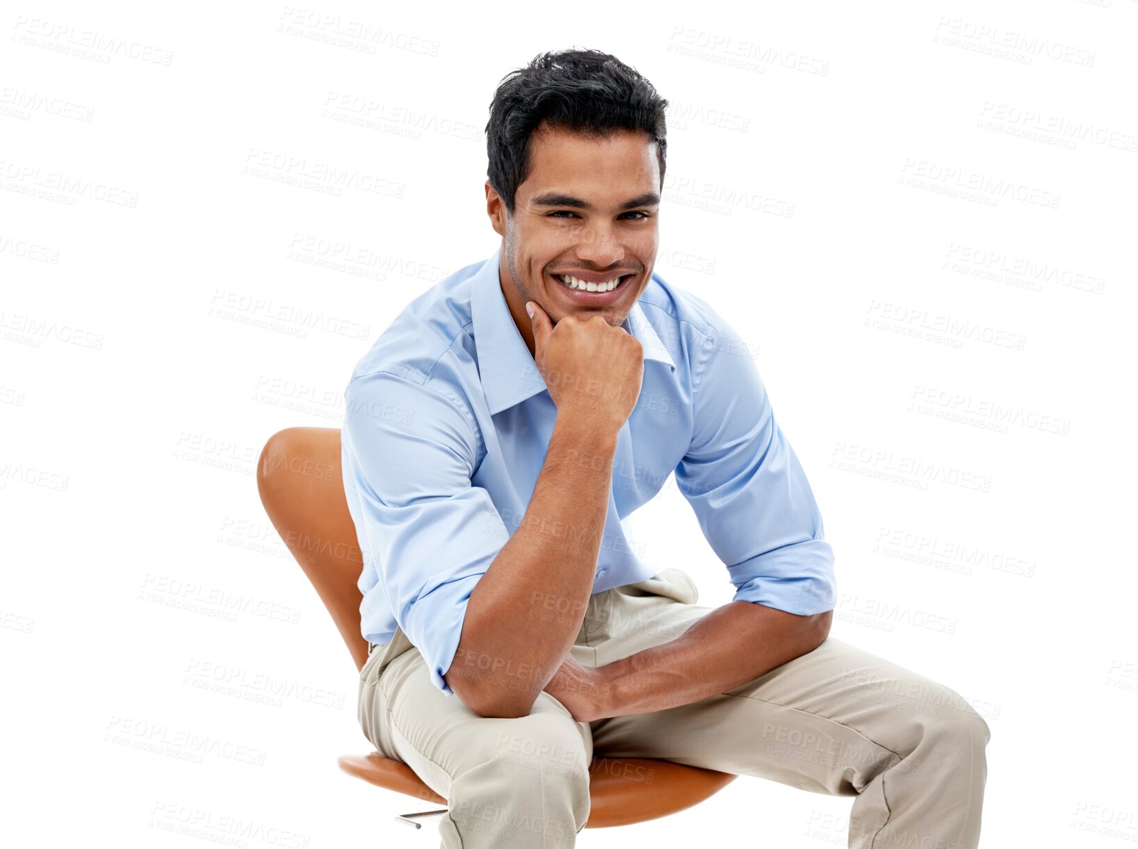 Buy stock photo Business man, smile in portrait and relax on chair, success and job satisfaction isolated on transparent png background. Professional male person, happiness in career and confident with pride