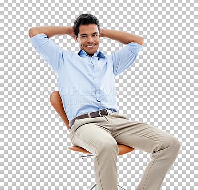 Buy stock photo Relax, happy and portrait of a businessman on a chair for work, corporate success and break. Smile, professional and a young employee resting from job on a seat isolated on transparent png background