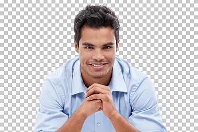 Buy stock photo Smile, confident and portrait of entrepreneur ready for his career isolated in a transparent or png background. Businessman, job and young male person or worker ready for interview in a waiting room